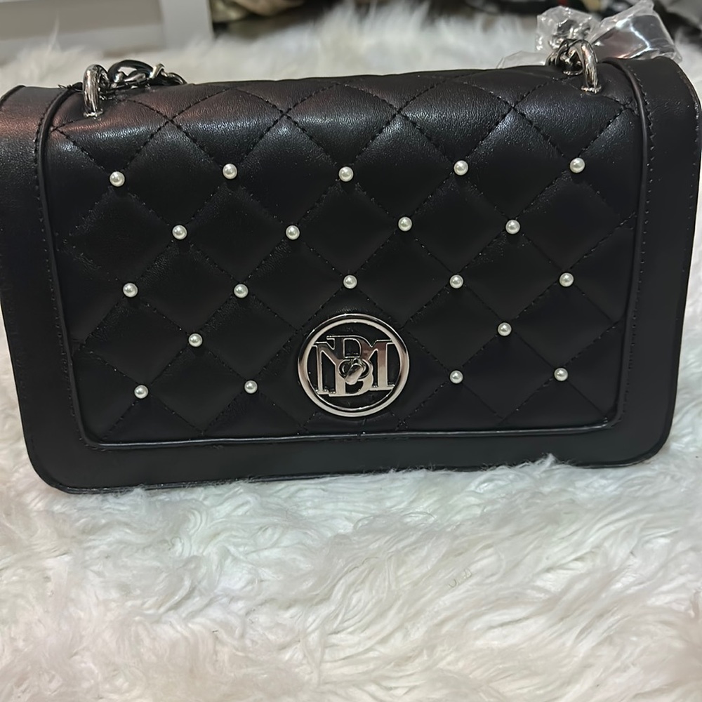 Vegan leather black handbag with pearls